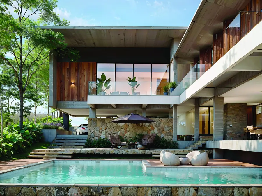 Casa Grigio, área gourmet integrada à piscina