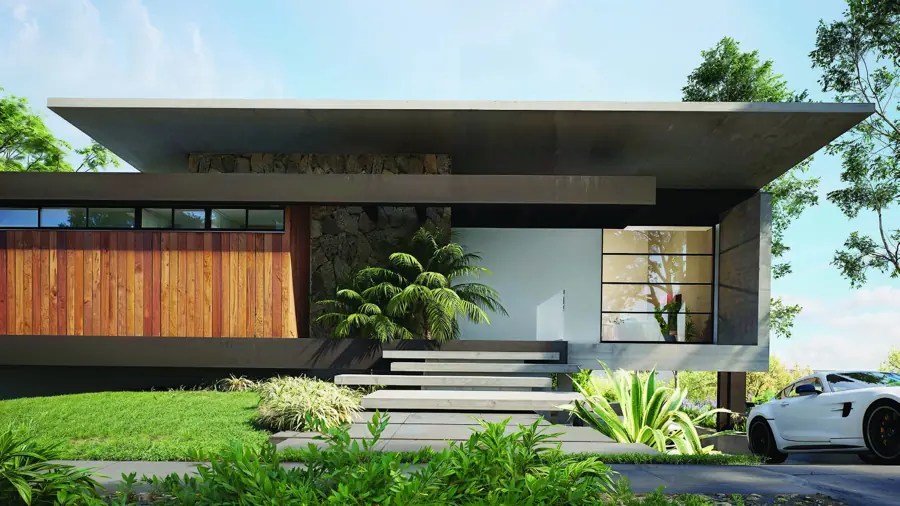 Casa Grigio, fachada em concreto e madeira