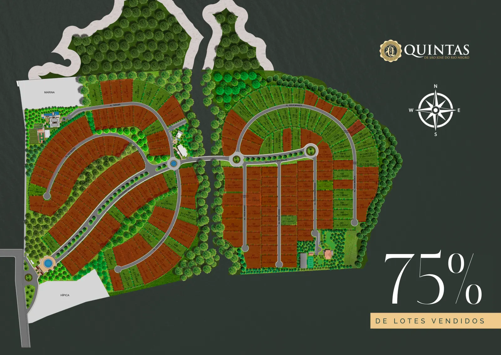 Mapa do Quintas de SJRN em outubro com 75% dos lotes vendidos marcados